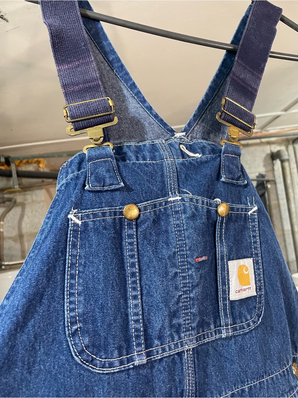 Carhartt Indigo Denim Overalls with Front Pocket and Brass Hardware